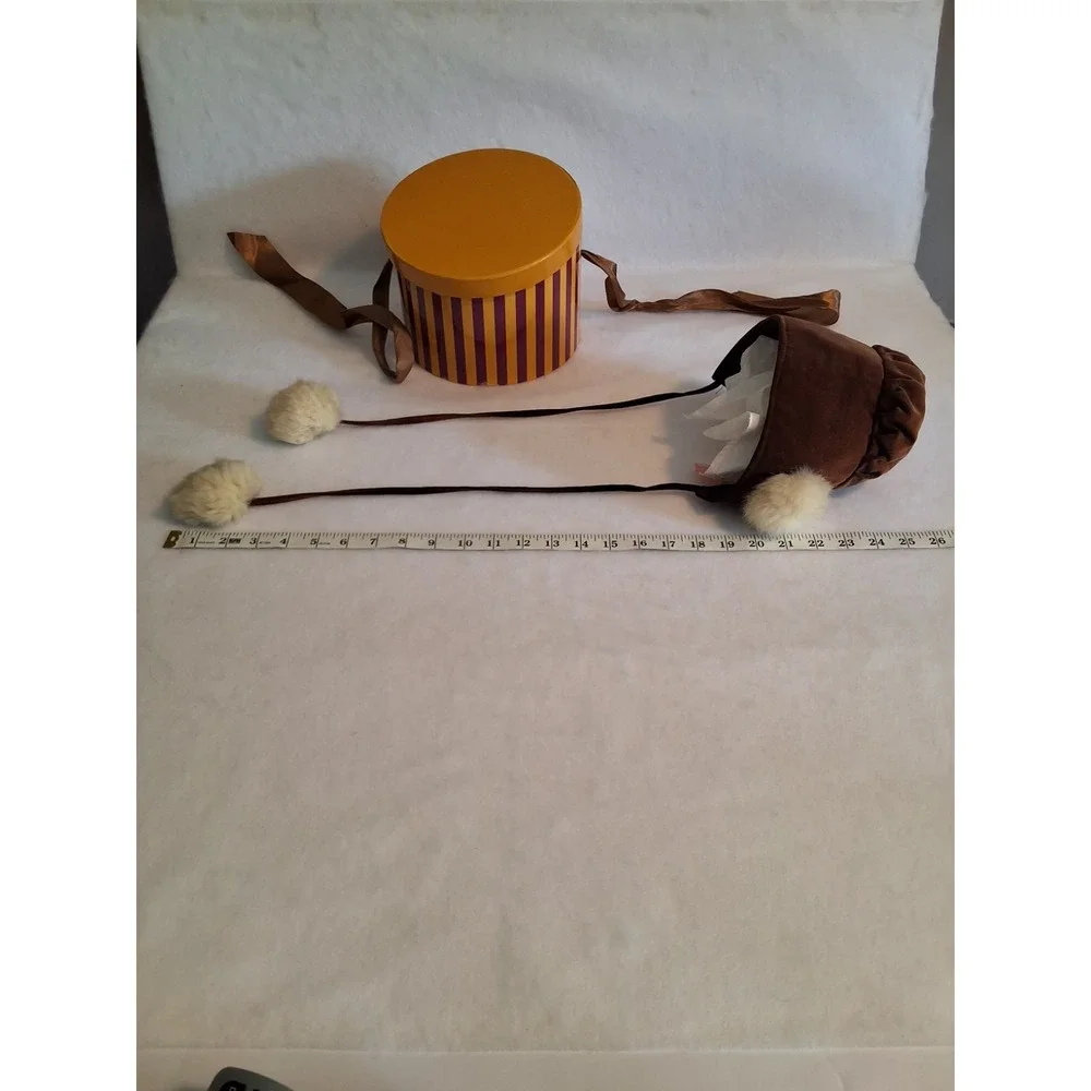 Vintage Velvet Baby Bonnet With Pom Poms And Hat Box GVC